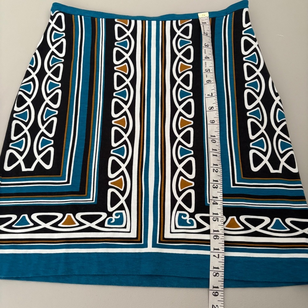 Ann Taylor Loft Teal Blue Geometric Border Print Jersey Mini Skirt Size 0 Office - Picture 3 of 7